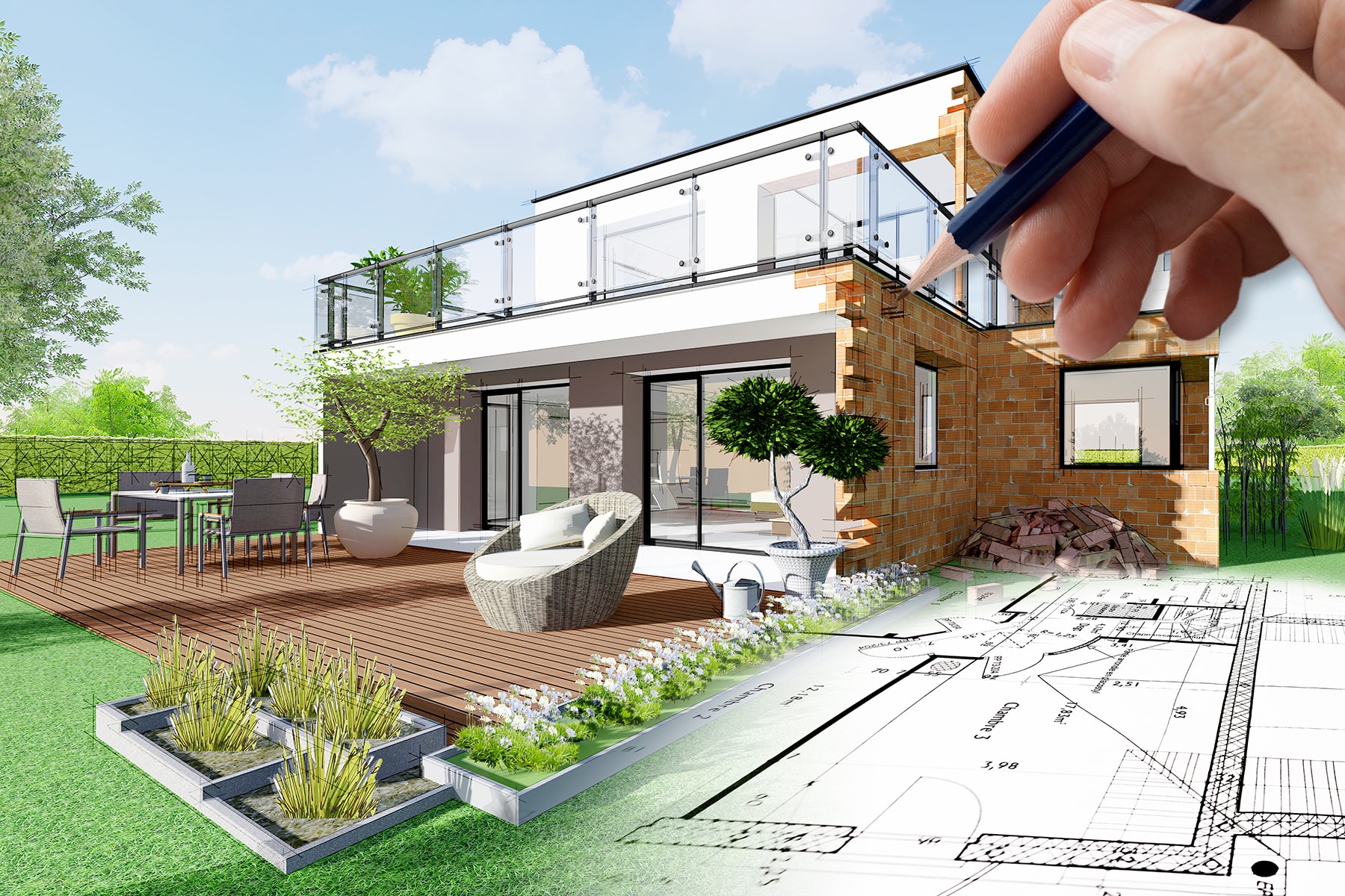 3D-Rendering eines modernen Hauses im Bau